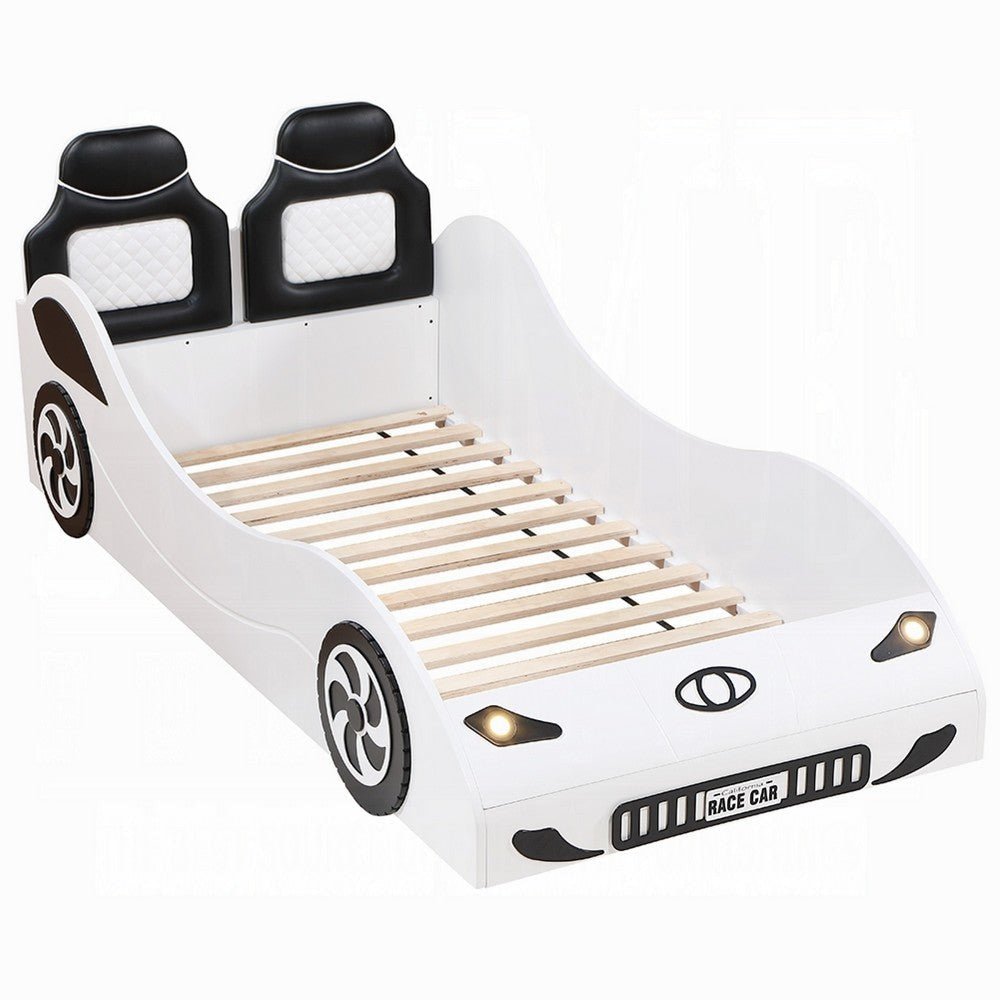 Corey Twin Size White Car Bed, Wheel Trim, Built-In LED, White Wood