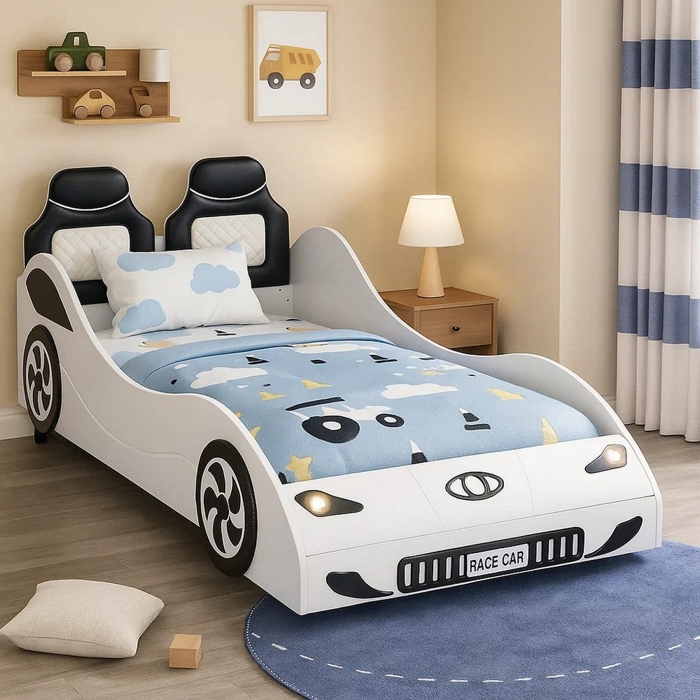 Corey Twin Size White Car Bed, Wheel Trim, Built-In LED, White Wood