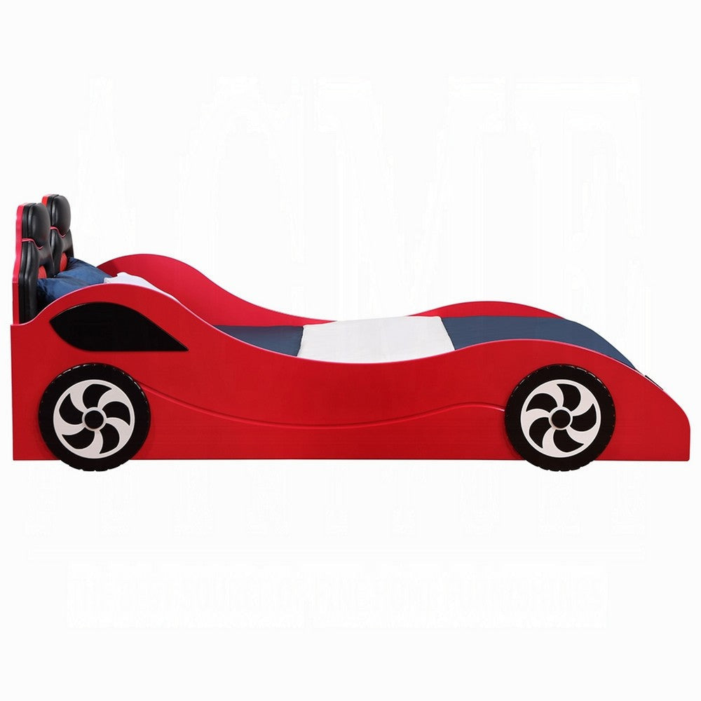 Corey Twin Size Red Car Bed Wheel Trim Built-In LED Red Wood