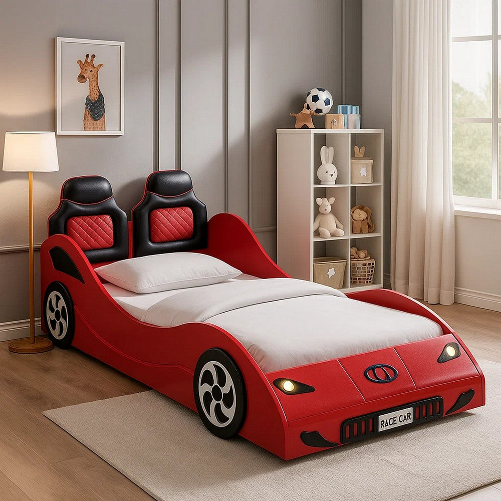 Corey Twin Size Red Car Bed, Wheel Trim, Built-In LED, Red Wood