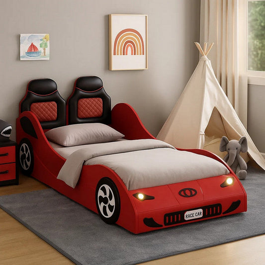 Corey Twin Size Red Car Bed, Wheel Trim, Built-In LED, Red Wood