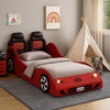 Corey Twin Size Red Car Bed, Wheel Trim, Built-In LED, Red Wood