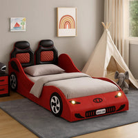 Corey Twin Size Red Car Bed, Wheel Trim, Built-In LED, Red Wood