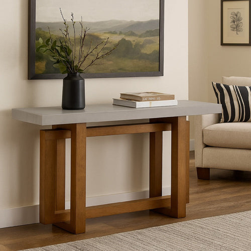 Joshua Sofa Table with Cross Base | Faux Concrete | Brown Wood 47"