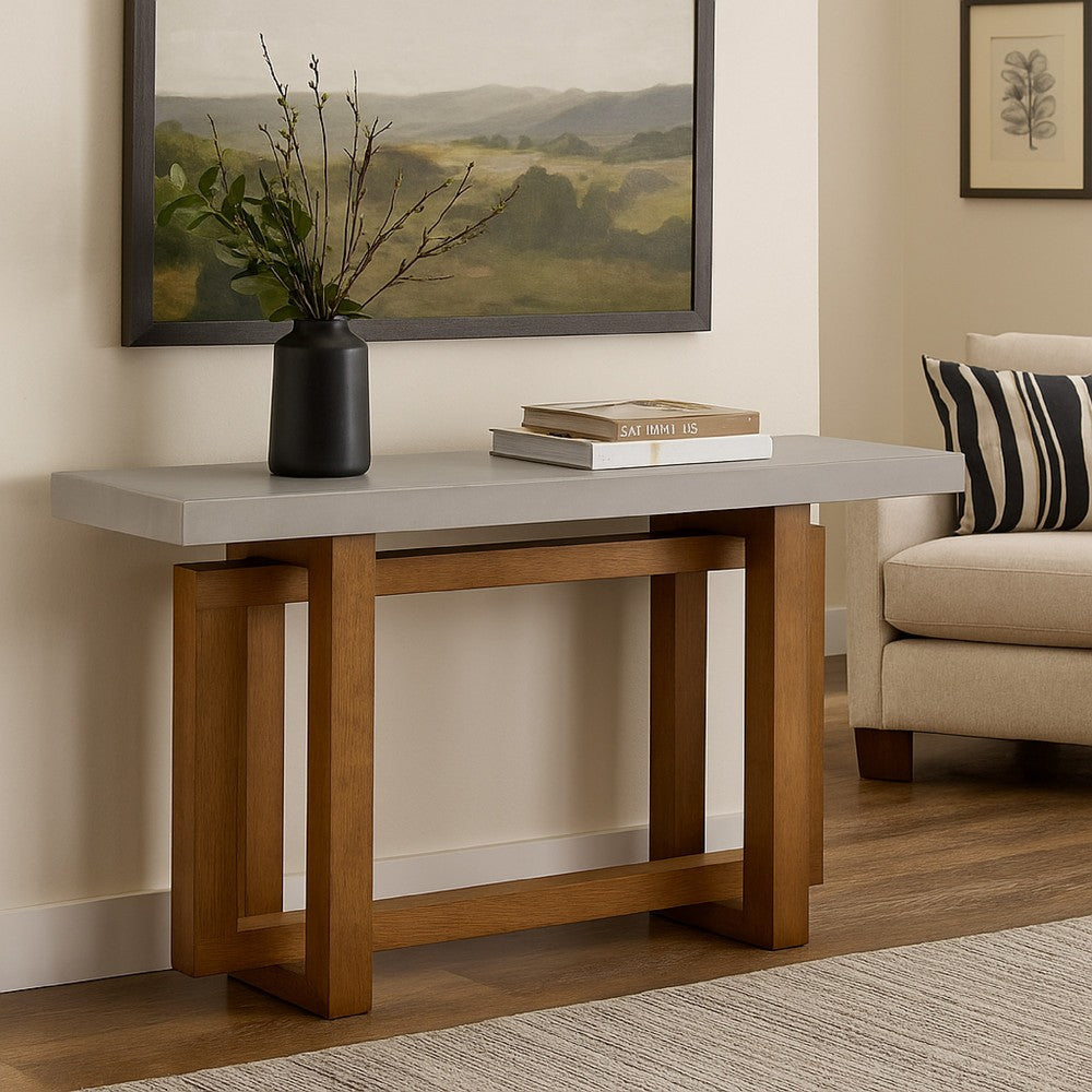 Joshua Sofa Table with Cross Base | Faux Concrete | Brown Wood 47"