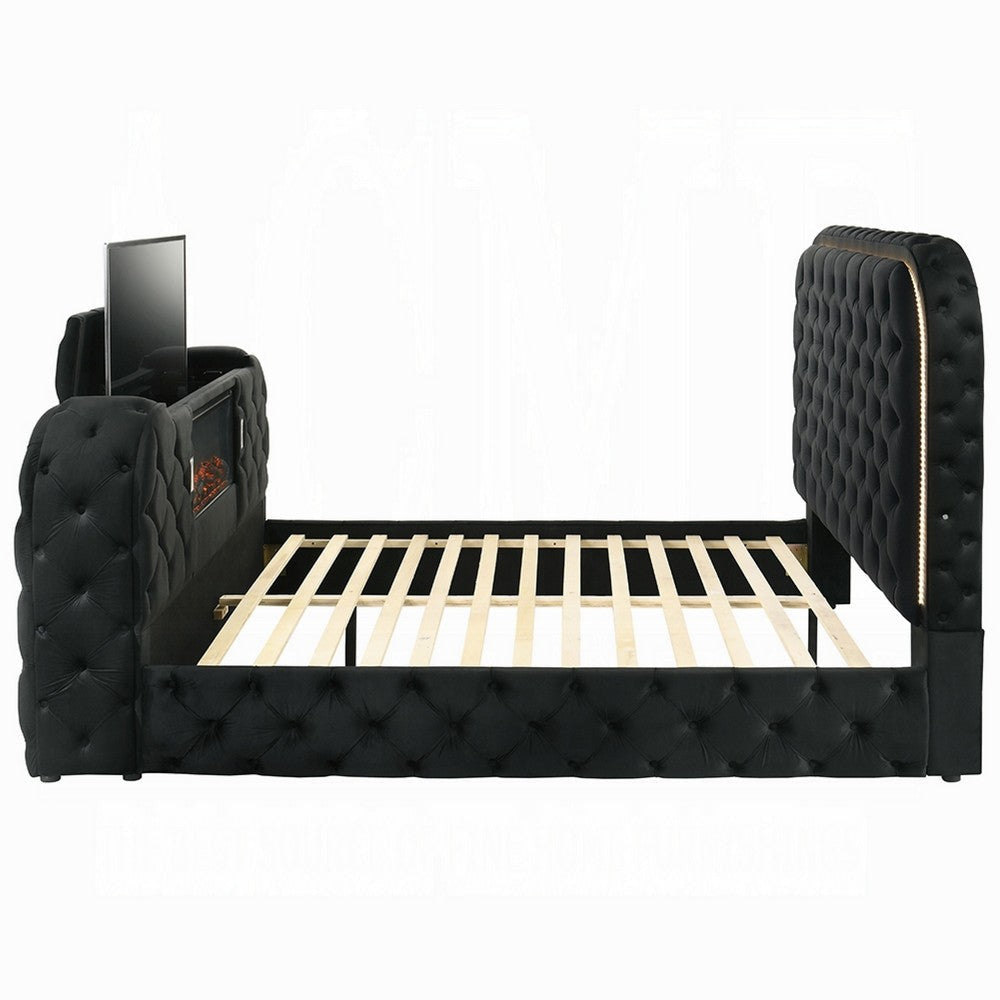 Kerie King Size Bed with LED Fireplace | TV Lift Stand | Black Velvet