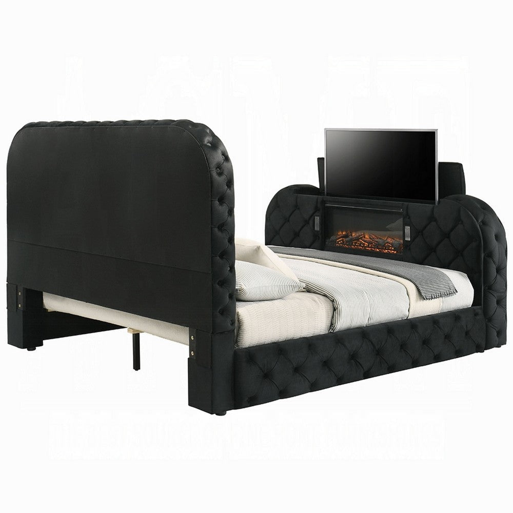 Kerie Queen Size Bed with LED Fireplace | TV Lift Stand | Black Velvet