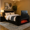 Kerie Queen Size Bed with LED Fireplace | TV Lift Stand | Black Velvet