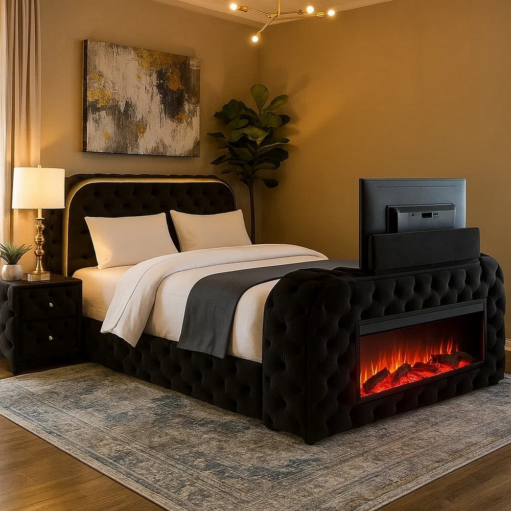 Kerie Queen Size Bed with LED Fireplace | TV Lift Stand | Black Velvet