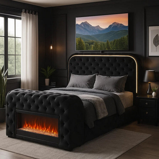 Kerie Queen Size Bed with LED Fireplace | TV Lift Stand | Black Velvet