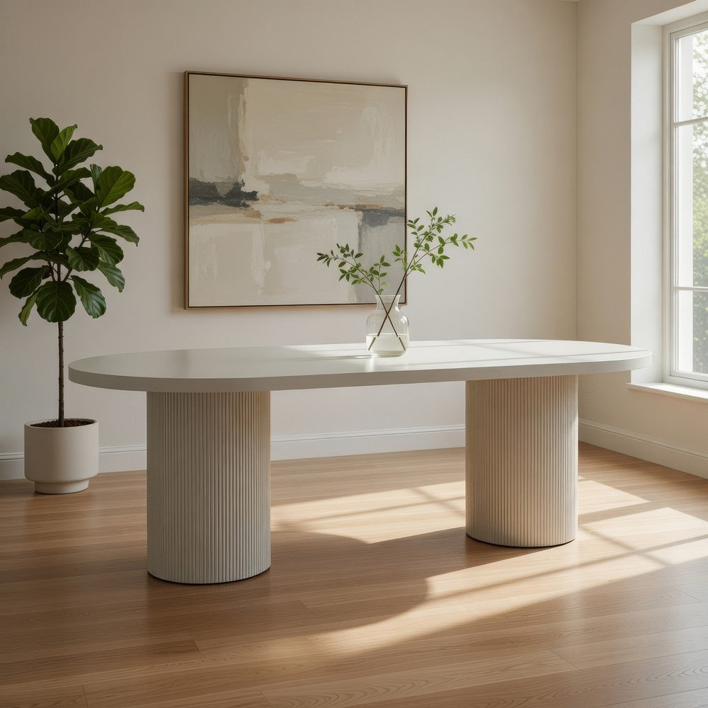 Liela Oval Dining Table | Modern Double Pedestal Base | Bone White 87"