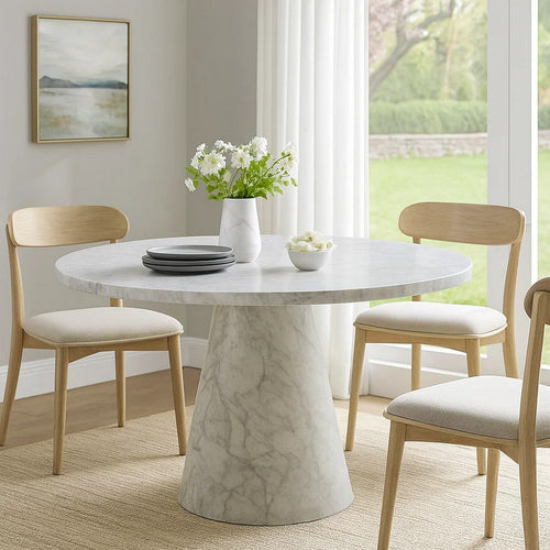 Kacie Round Dining Table | Pedestal Base | Light Gray Faux Stone 47"