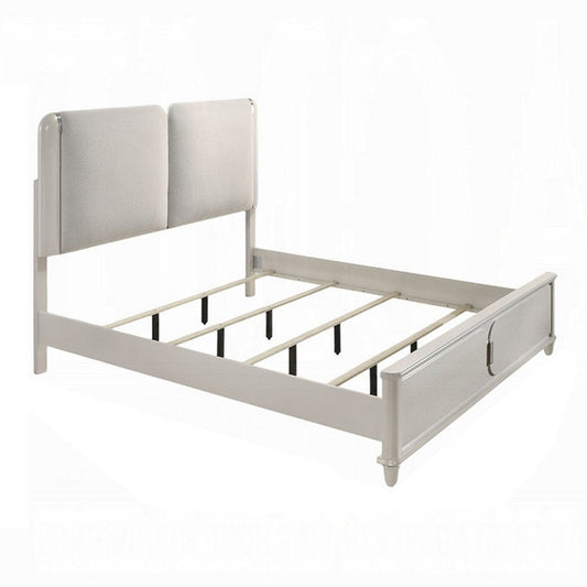 Veda King Size Bed with LED | Pearl White | Gray Boucle Upholstered