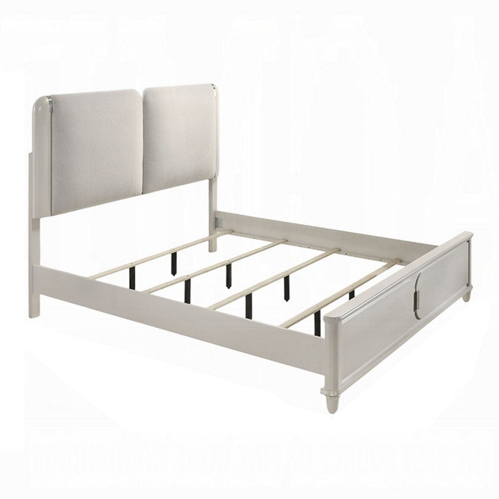 Veda King Size Bed with LED | Pearl White | Gray Boucle Upholstered