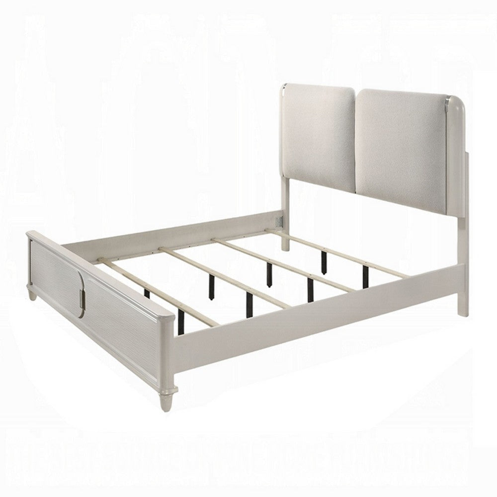 Veda King Size Bed with LED | Pearl White | Gray Boucle Upholstered