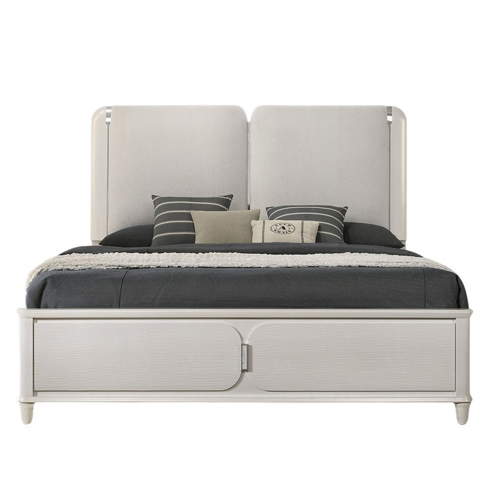 Veda Queen Size Bed with LED | Pearl White | Gray Boucle Upholstered