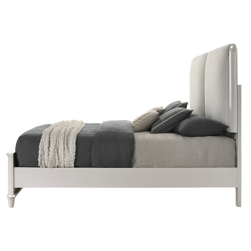 Veda Queen Size Bed with LED | Pearl White | Gray Boucle Upholstered