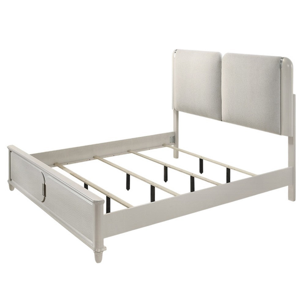 Veda Queen Size Bed with LED | Pearl White | Gray Boucle Upholstered
