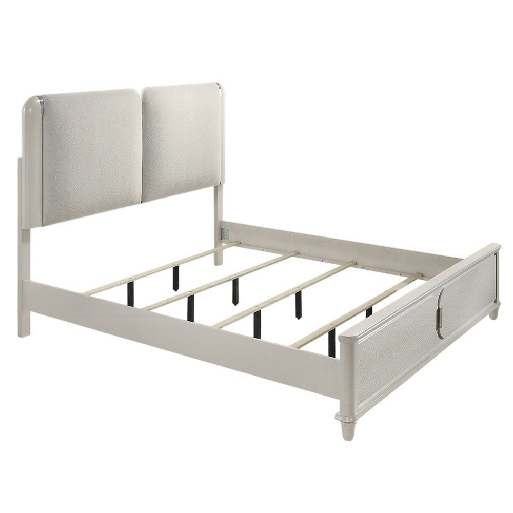 Veda Queen Size Bed with LED | Pearl White | Gray Boucle Upholstered