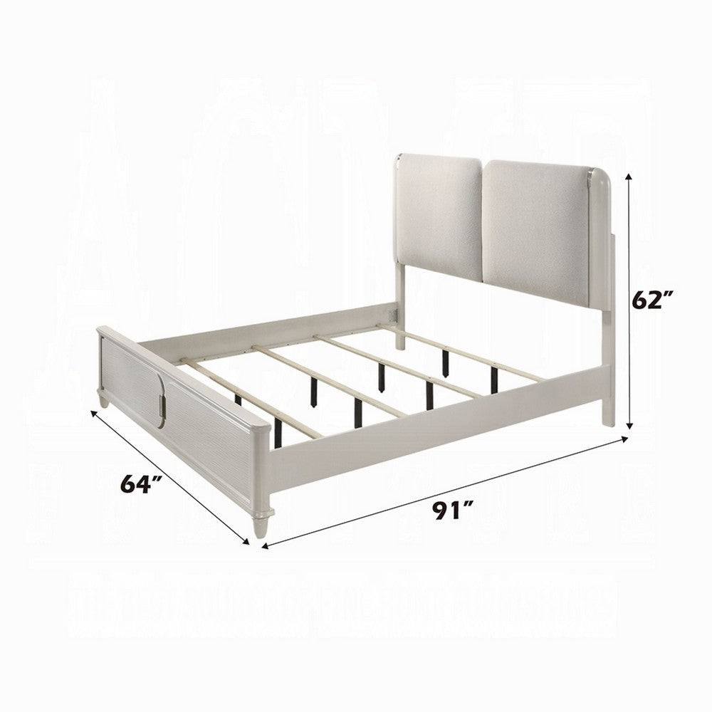 Veda Queen Size Bed with LED | Pearl White | Gray Boucle Upholstered