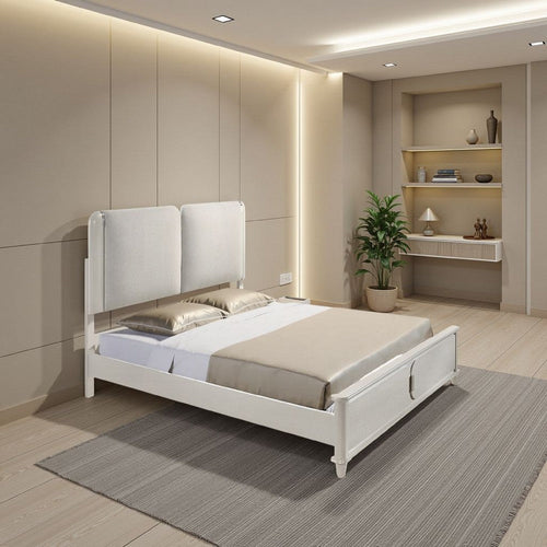 Veda Queen Size Bed with LED | Pearl White | Gray Boucle Upholstered