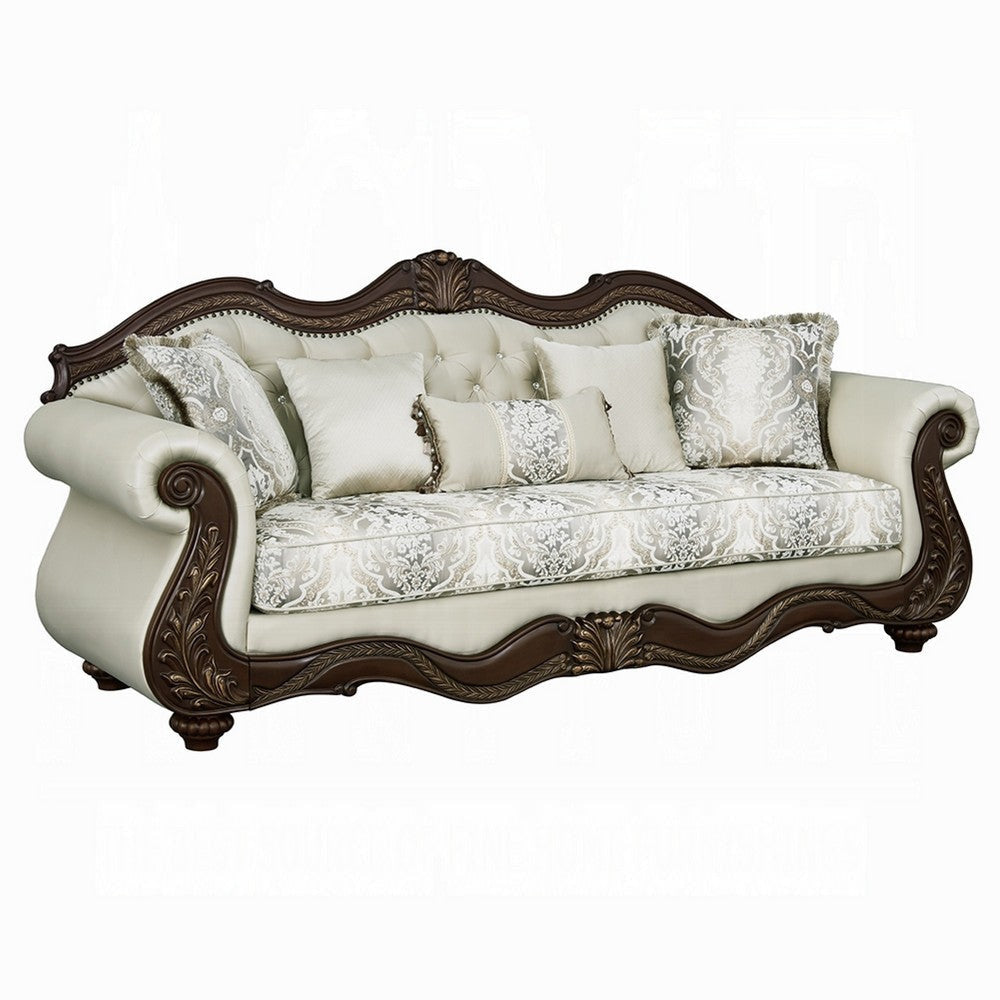 Reese Sofa, Carved Floral Classic Cherry Brown, Beige, 5 Pillows, 93in