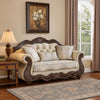 Reese Loveseat, Classic Cherry Brown Carved, Beige Pillows, 69 Inch