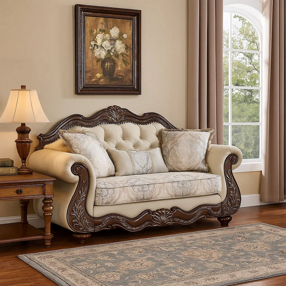 Reese Loveseat, Classic Cherry Brown Carved, Beige Pillows, 69 Inch