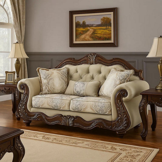 Reese Loveseat, Classic Cherry Brown Carved, Beige Pillows, 69 Inch