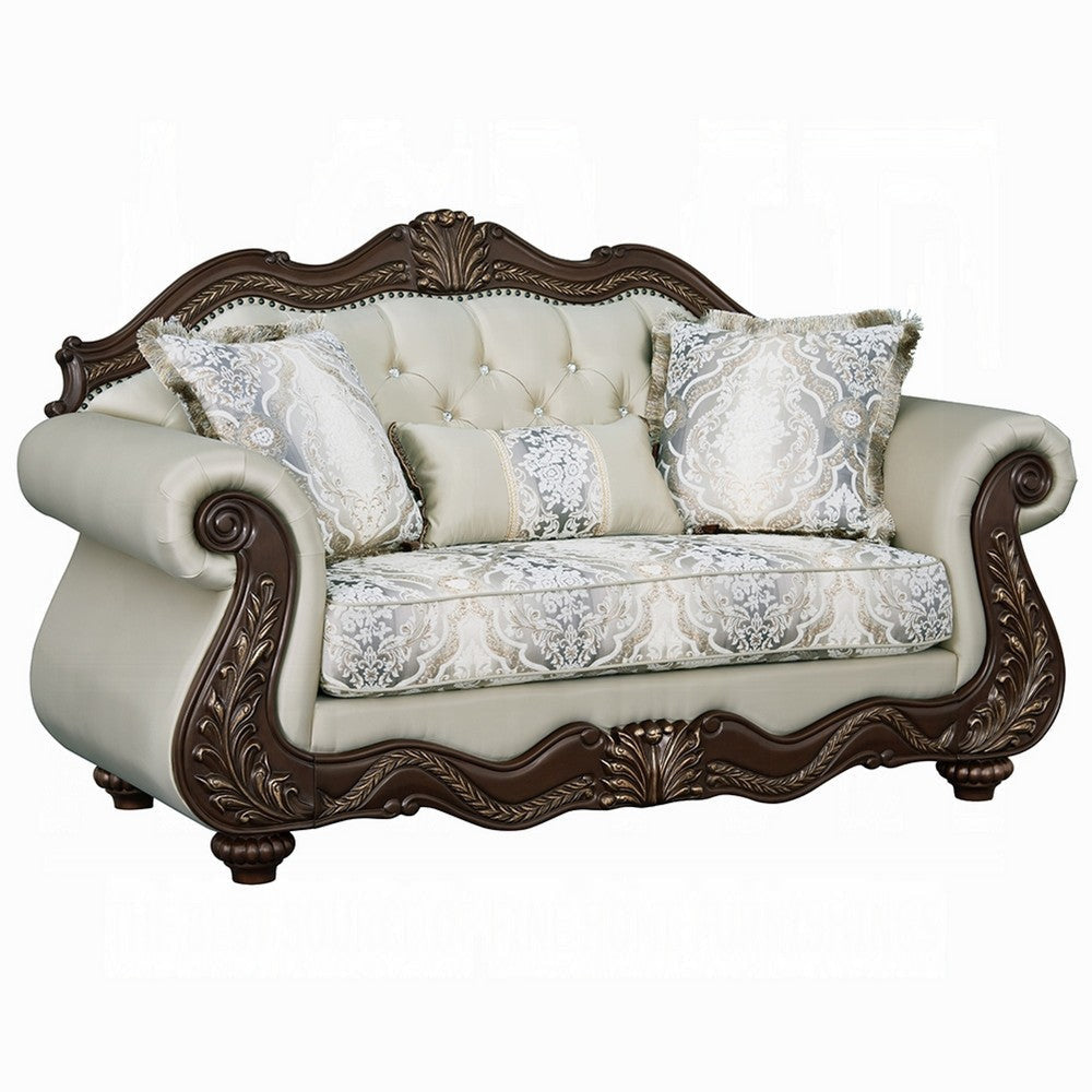 Reese Loveseat, Classic Cherry Brown Carved, Beige Pillows, 69 Inch