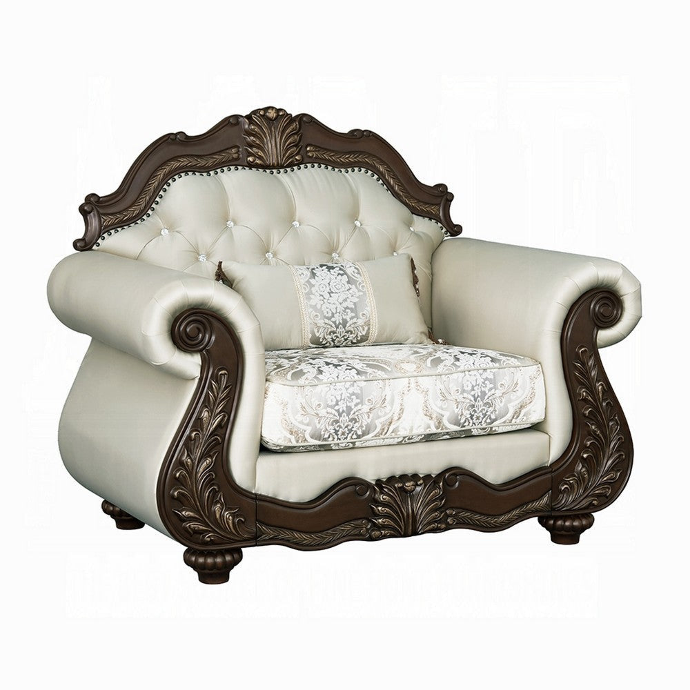 Reese Accent Chair | Floral Classic Cherry Brown Wood | Beige 1 Pillow