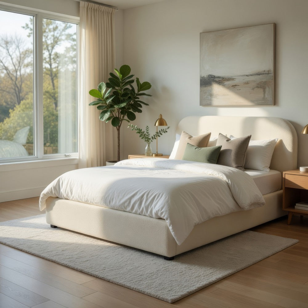 Ardie King Bed | Low Profile Footboard | Plush Beige Upholstered Panel
