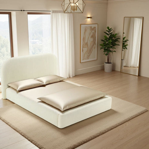 Ardie Queen Bed | Low Profile Footboard | Plush Beige Upholstered