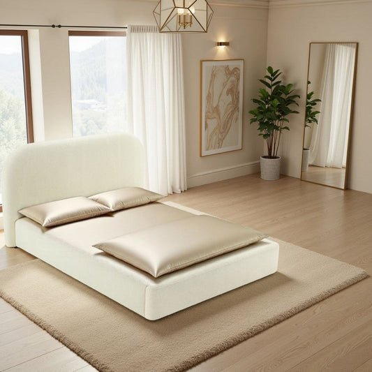 Ardie Queen Bed | Low Profile Footboard | Plush Beige Upholstered