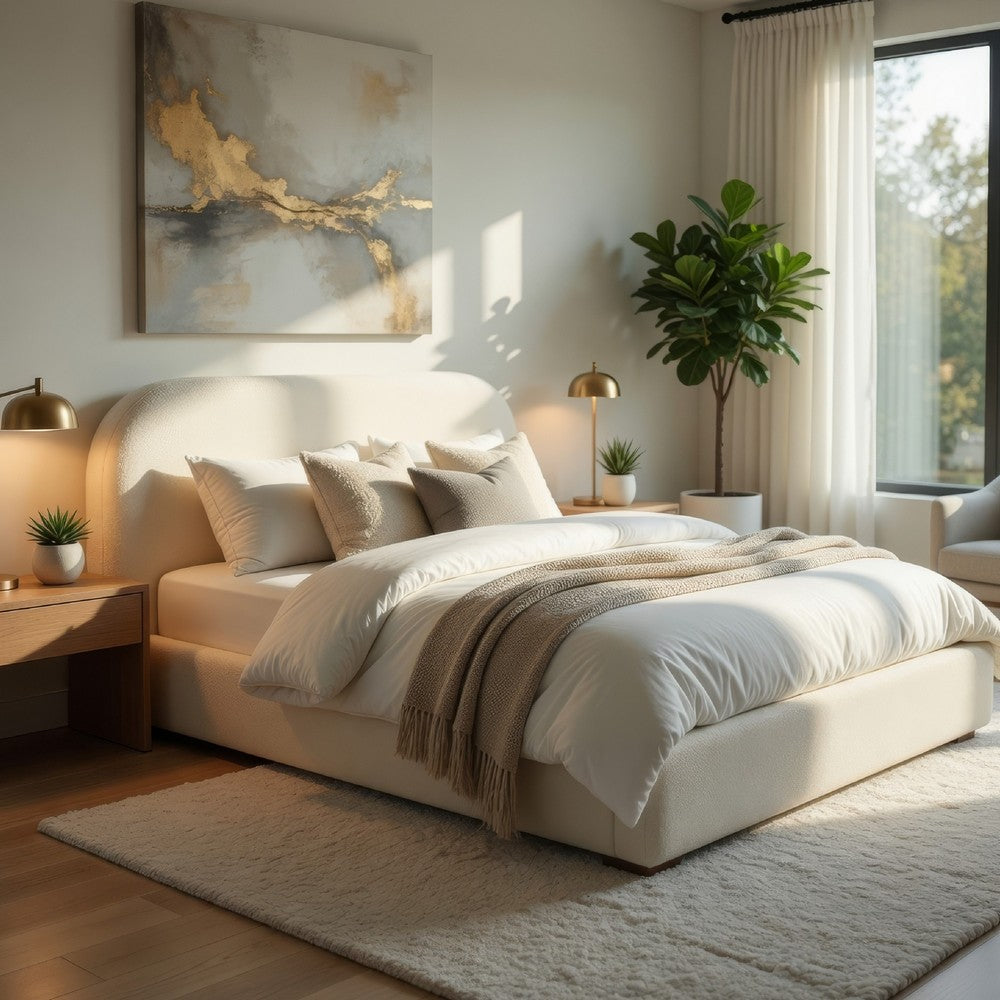 Ardie Full Bed | Low Profile Footboard | Plush Beige Upholstered Panel