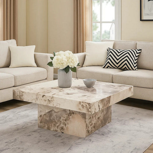 Itah Coffee Table, Faux Marble Details, White Brown 36 Inch Square