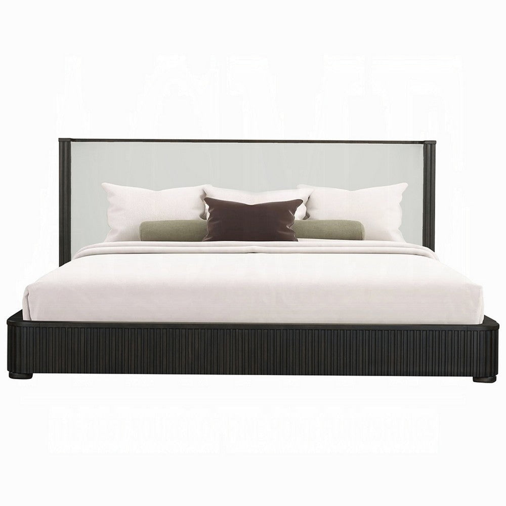 Jeh King Size Bed | White Upholstered | Espresso Brown Ribbed Details