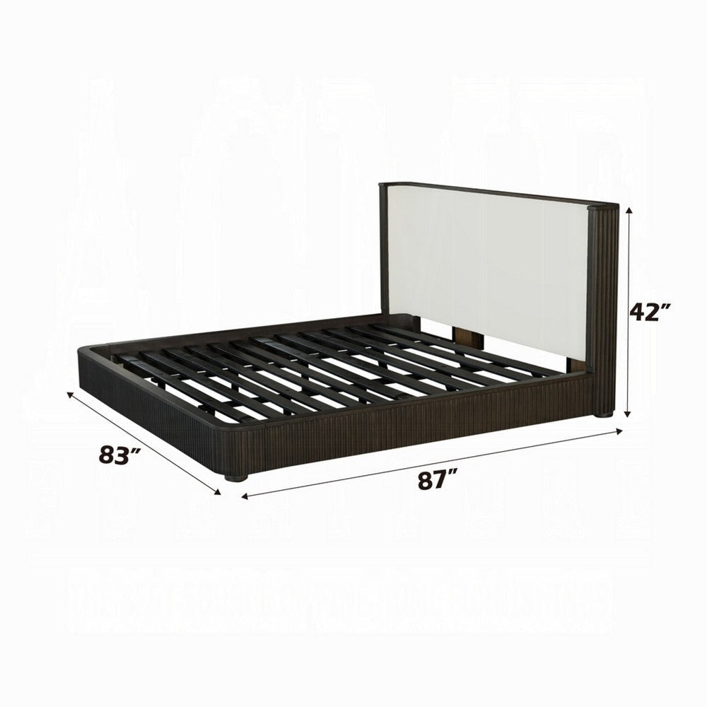 Jeh King Size Bed | White Upholstered | Espresso Brown Ribbed Details