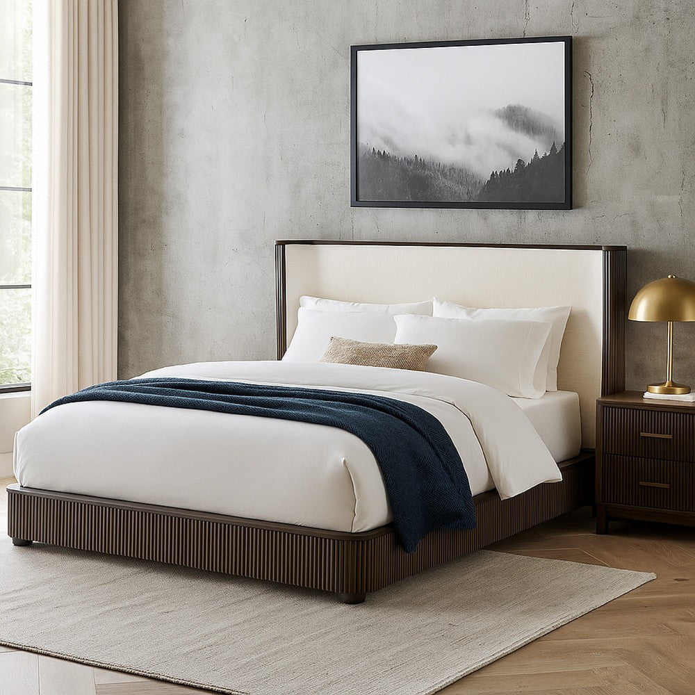 Jeh King Size Bed | White Upholstered | Espresso Brown Ribbed Details