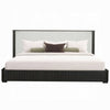 Jeh Queen Size Bed | White Upholstered | Espresso Brown Ribbed Details
