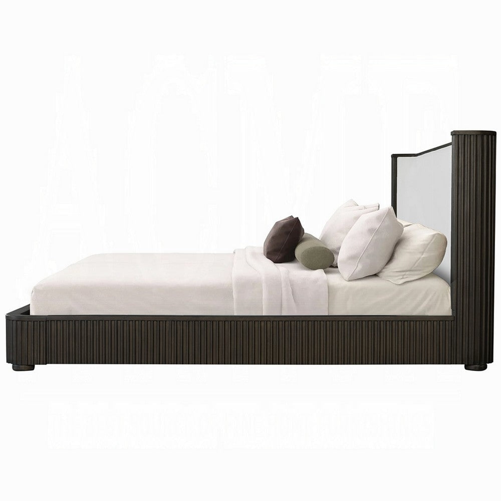 Jeh Queen Size Bed | White Upholstered | Espresso Brown Ribbed Details