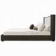 Jeh Queen Size Bed | White Upholstered | Espresso Brown Ribbed Details