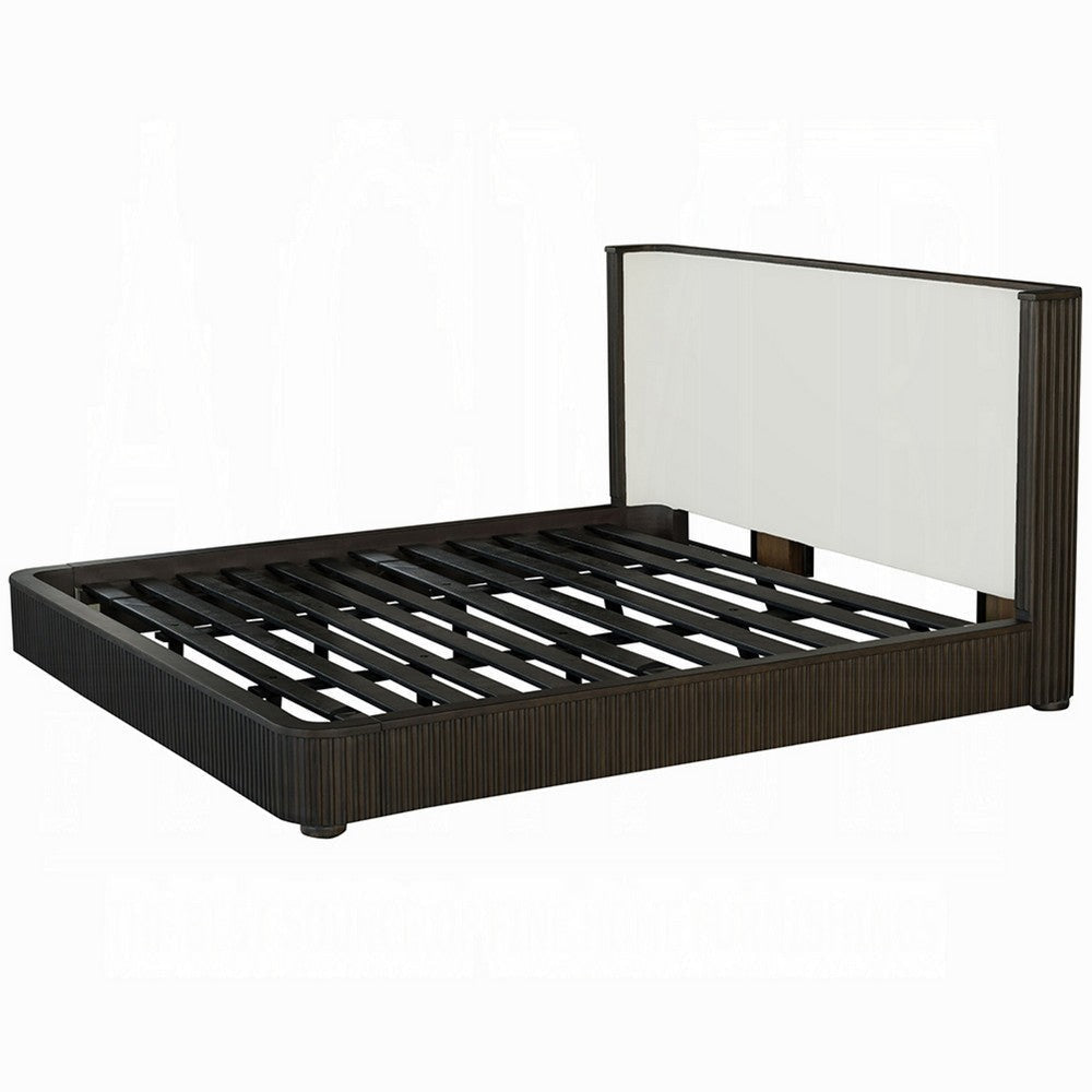 Jeh Queen Size Bed | White Upholstered | Espresso Brown Ribbed Details