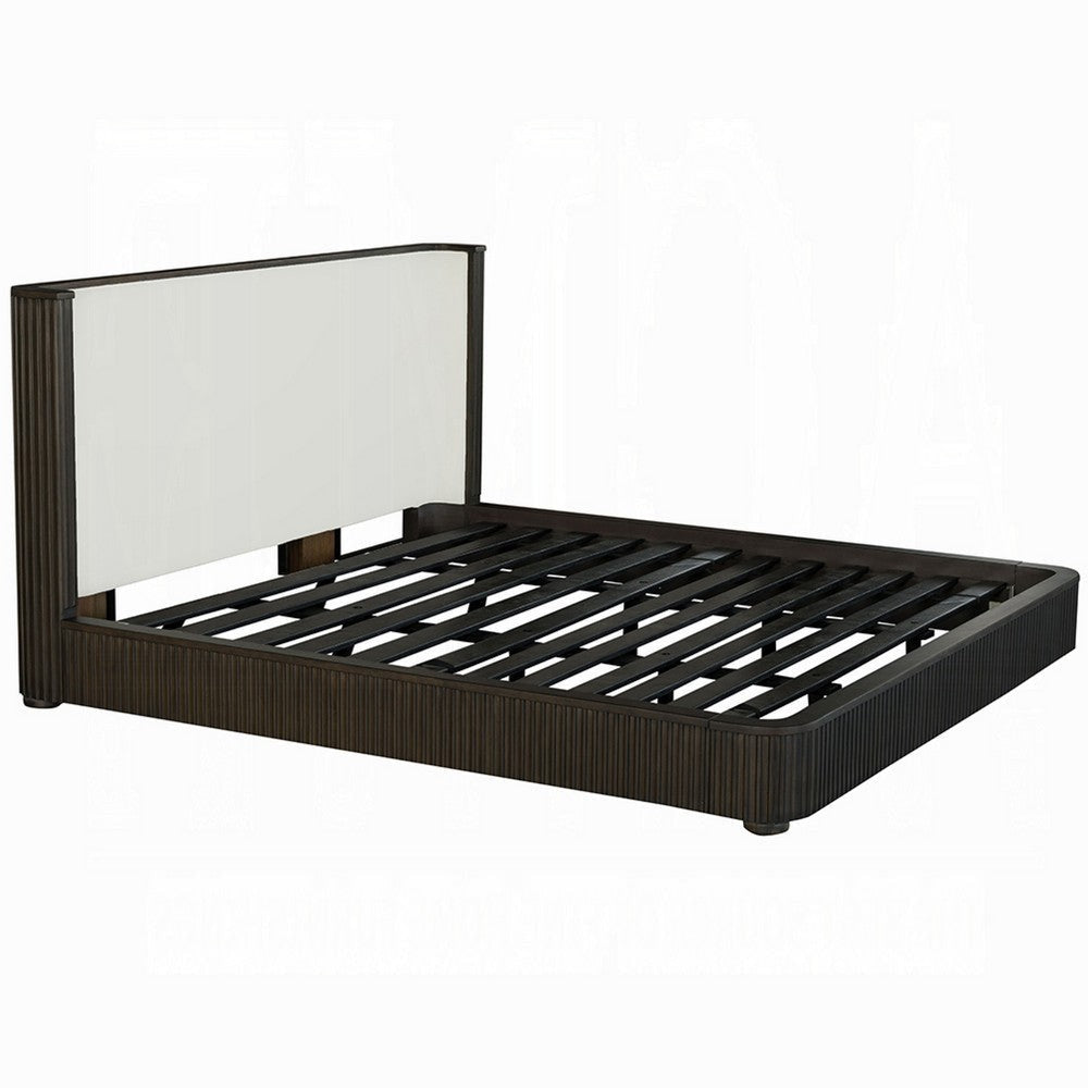 Jeh Queen Size Bed | White Upholstered | Espresso Brown Ribbed Details