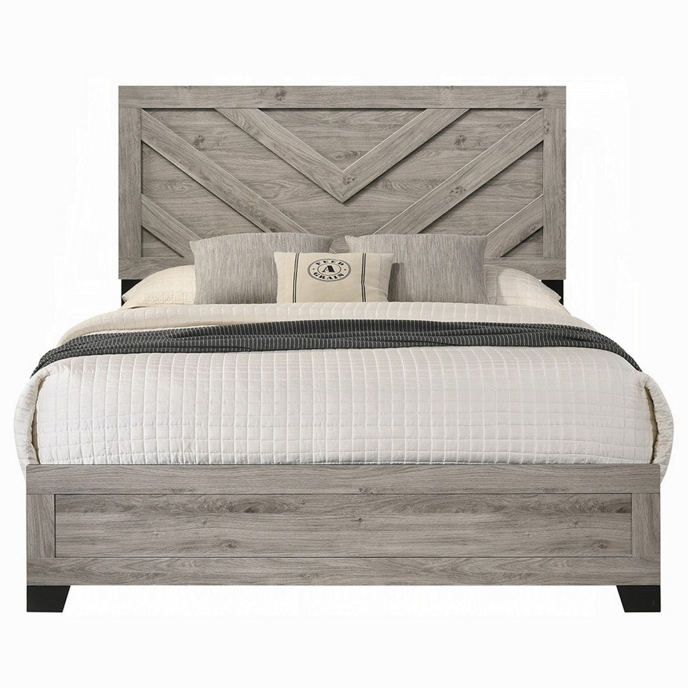 Rachy Queen Bed | Farmhouse Chevron Headboard | Light Gray Black Wood BM334009