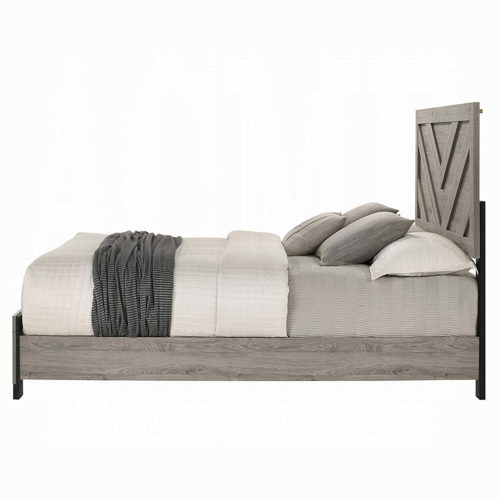 Rachy Queen Bed | Farmhouse Chevron Headboard | Light Gray Black Wood BM334009