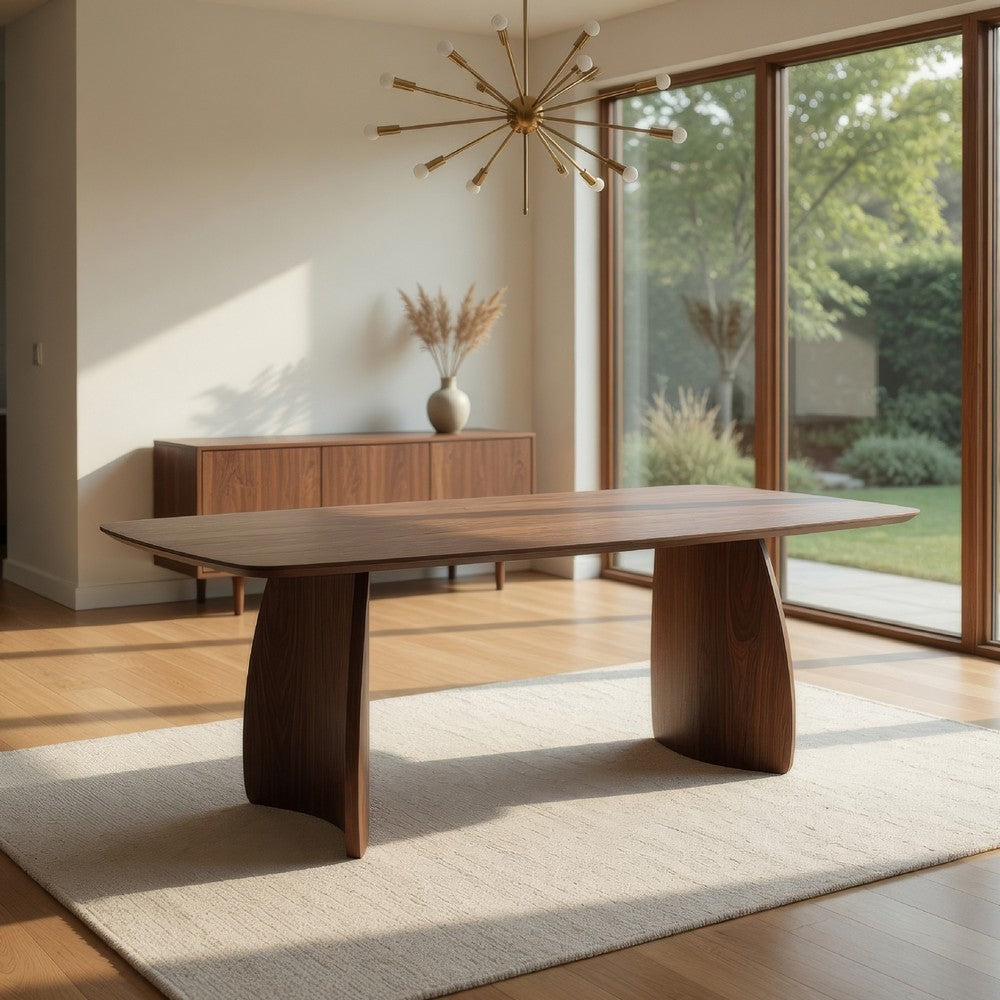 Hamza Rectangular Dining Table | Curved Wood Base | Walnut Brown 71"