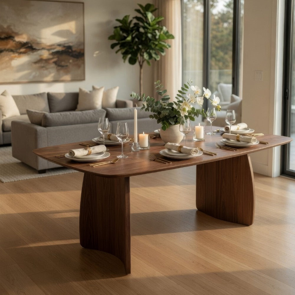Hamza Rectangular Dining Table | Curved Wood Base | Walnut Brown 71"