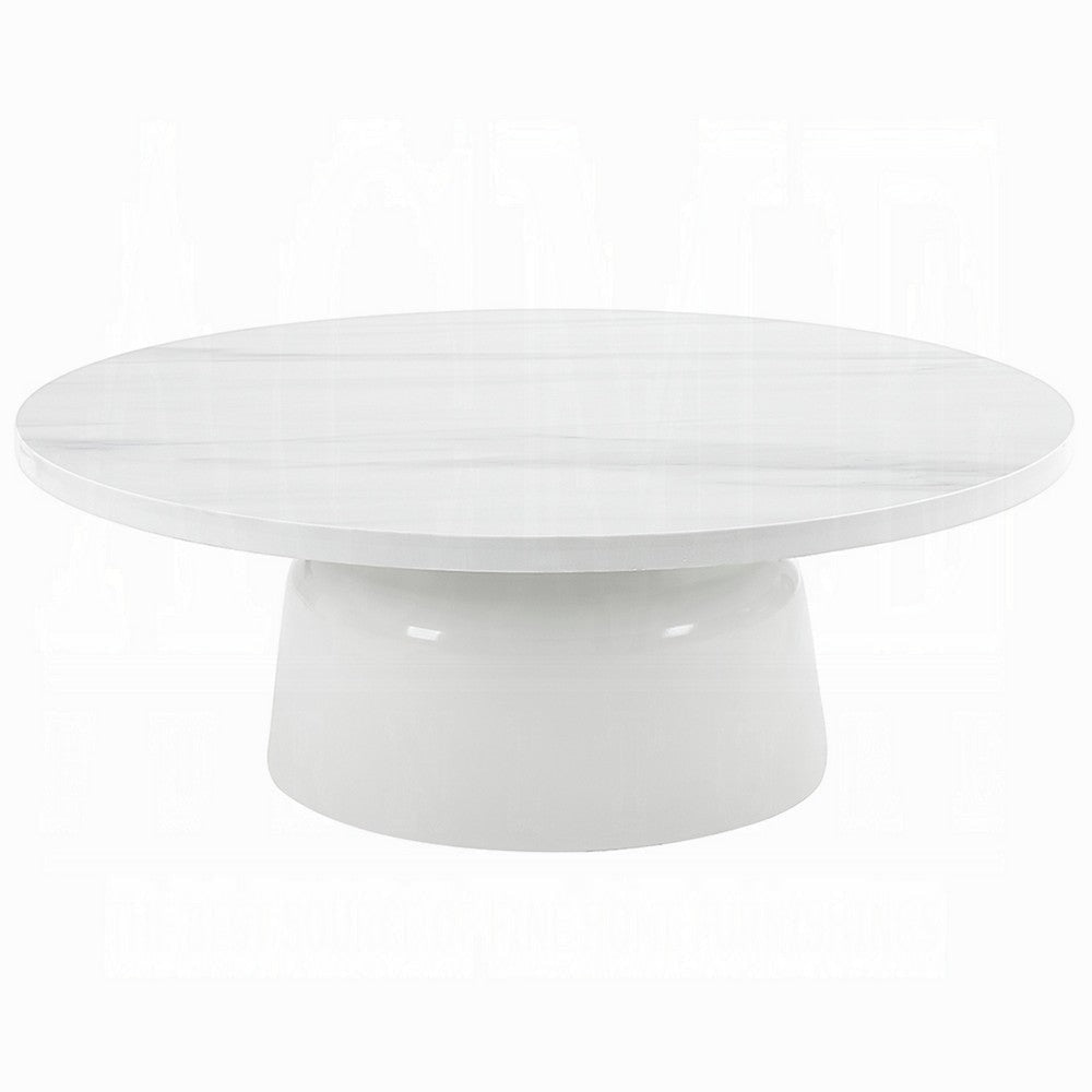 Zayn Round Coffee Table, Pedestal Base, White Faux Marble, 40 Inch
