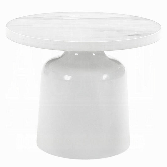 Zayn Round End Table with Pedestal Base | White Faux Marble | 22"